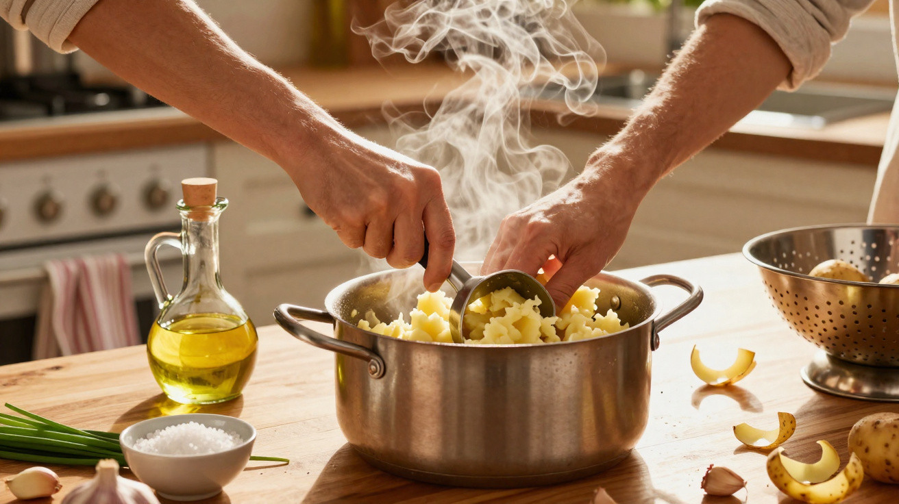 Pessoa a preparar puré de batata numa panela na cozinha com vapor a subir.