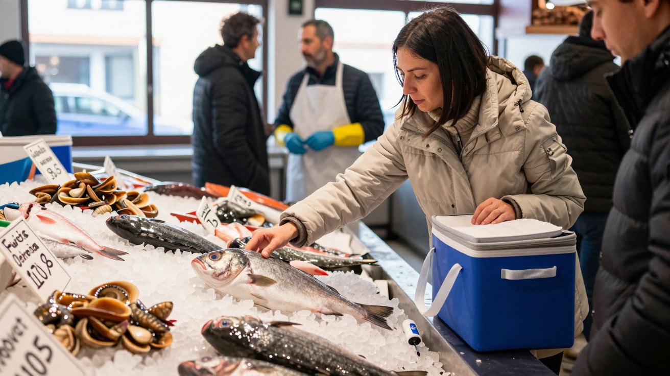 Mulher a escolher peixe fresco num mercado com variedade de marisco e peixes sobre gelo.