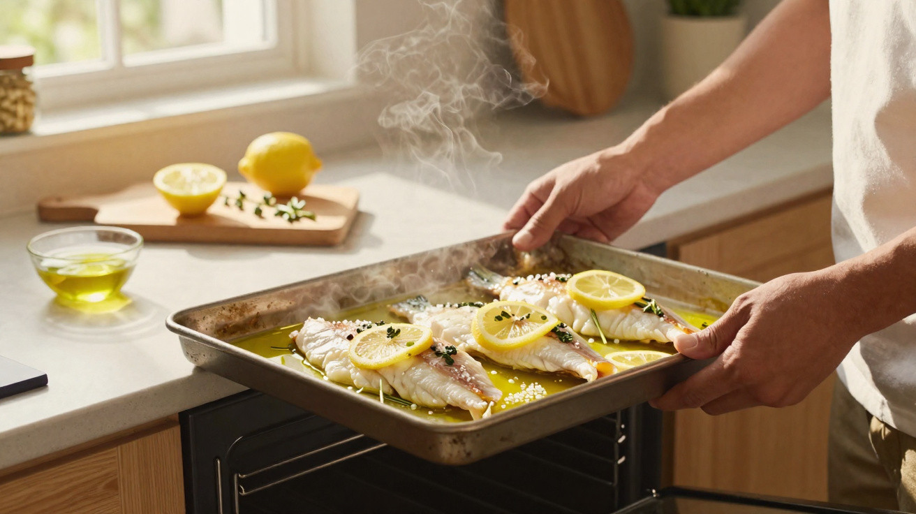 Mãos a colocar tabuleiro com filetes de peixe temperados com limão e azeite dentro do forno de cozinha.