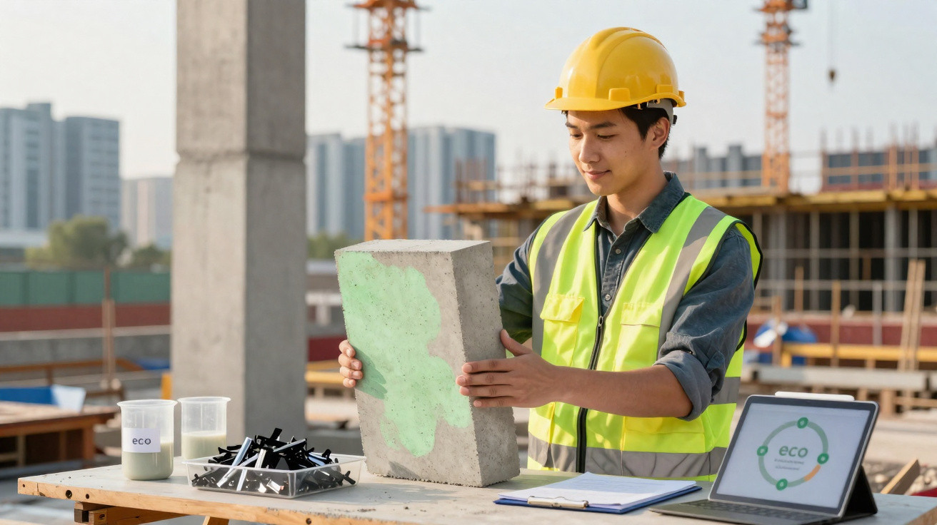 Trabalhador de capacete e colete refletor examina bloco de construção ecológico numa obra.