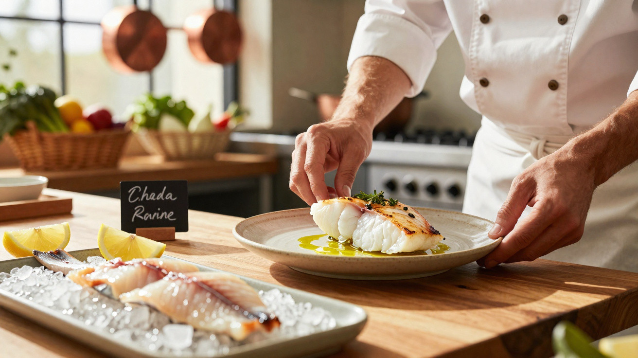 Chef a preparar prato de peixe grelhado numa cozinha luminosa com ingredientes frescos.