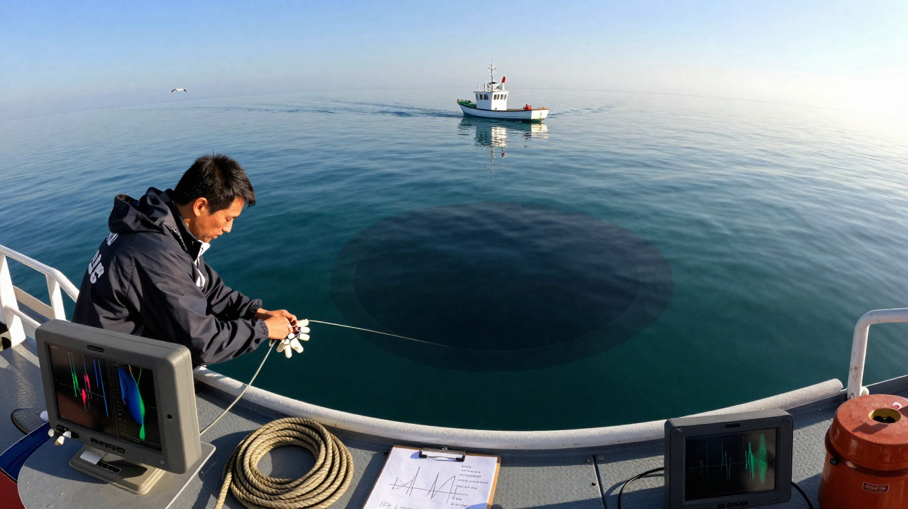 Pesquisador numa embarcação com equipamento a recolher dados perto de uma zona escura no mar calmo.