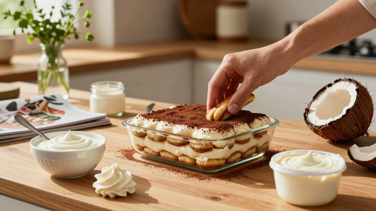 Mão a colocar bolacha sobre tiramisù numa taça de vidro na bancada com coco e creme ao lado.