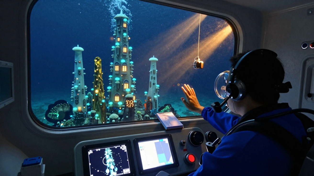 Pessoa dentro de submarino observa cidade subaquática iluminada através de grande janela panorâmica.