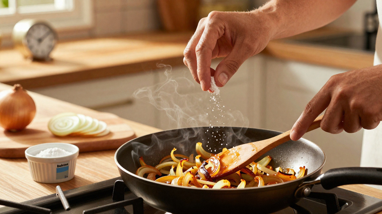 Mãos a temperar e mexer cebola a fritar numa frigideira numa cozinha iluminada.