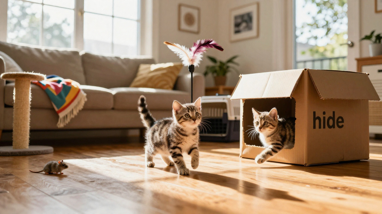 Dois gatinhos brincam num chão de madeira junto a uma caixa de cartão rotulada "hide" numa sala iluminada.