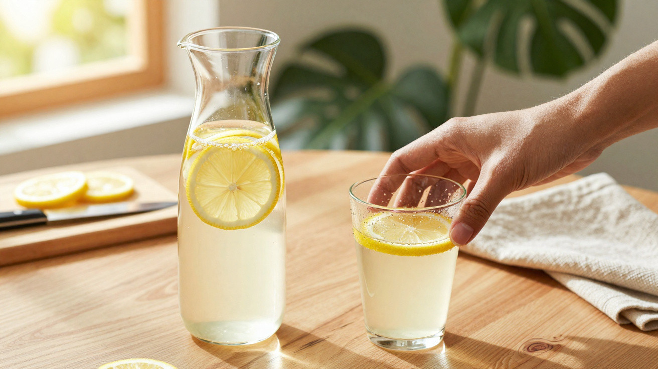 Mão a pegar copo de limonada com fatia de limão, jarro e limões em tábua de madeira.