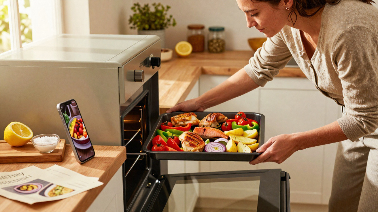 Mulher a colocar tabuleiro com peixe e legumes num forno de cozinha moderna.