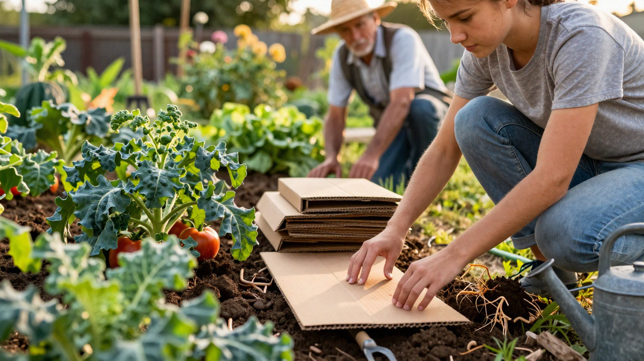 Jovem prepara solo com cartão para plantar, com homem idoso e plantas num jardim ao fundo.