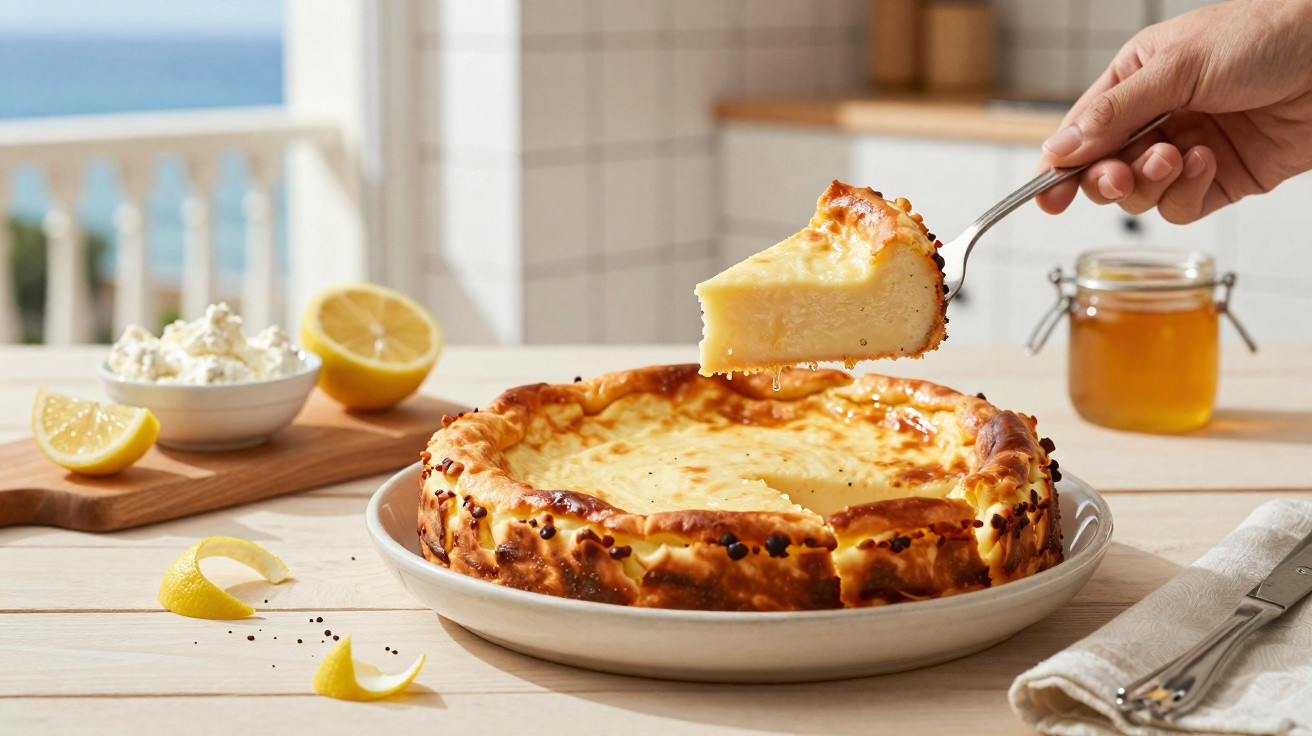 Fatias de cheesecake de limão servidas numa mesa com limões, queijo fresco e mel ao fundo.