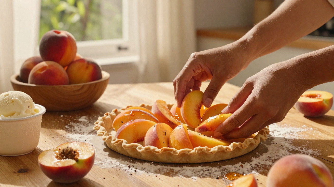 Mãos a colocar fatias de pêssego em massa de tarte numa cozinha iluminada a luz natural.