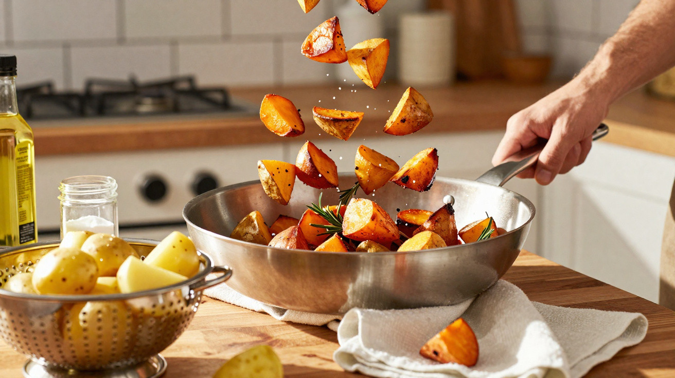 Batatas assadas a saltar numa frigideira de inox numa cozinha luminosa.