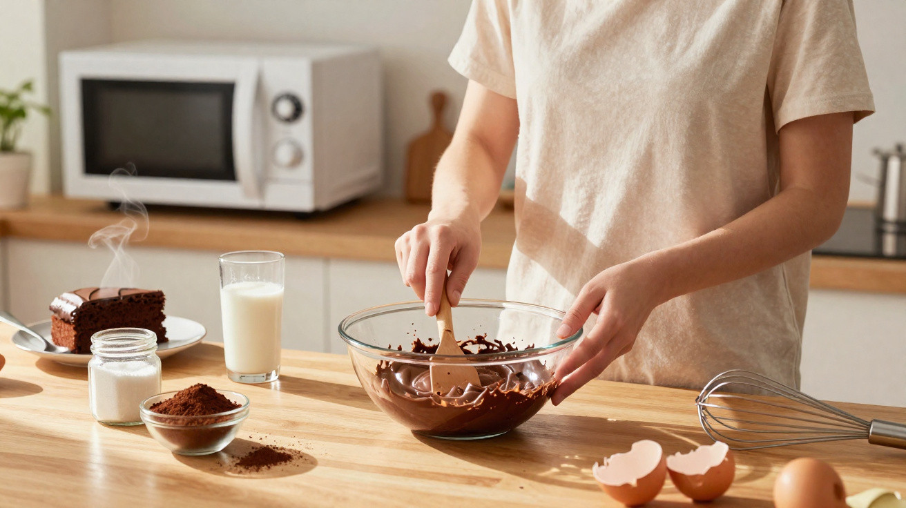 Pessoa a mexer chocolate derretido numa tigela de vidro numa cozinha moderna com ingredientes de pastelaria na bancada.