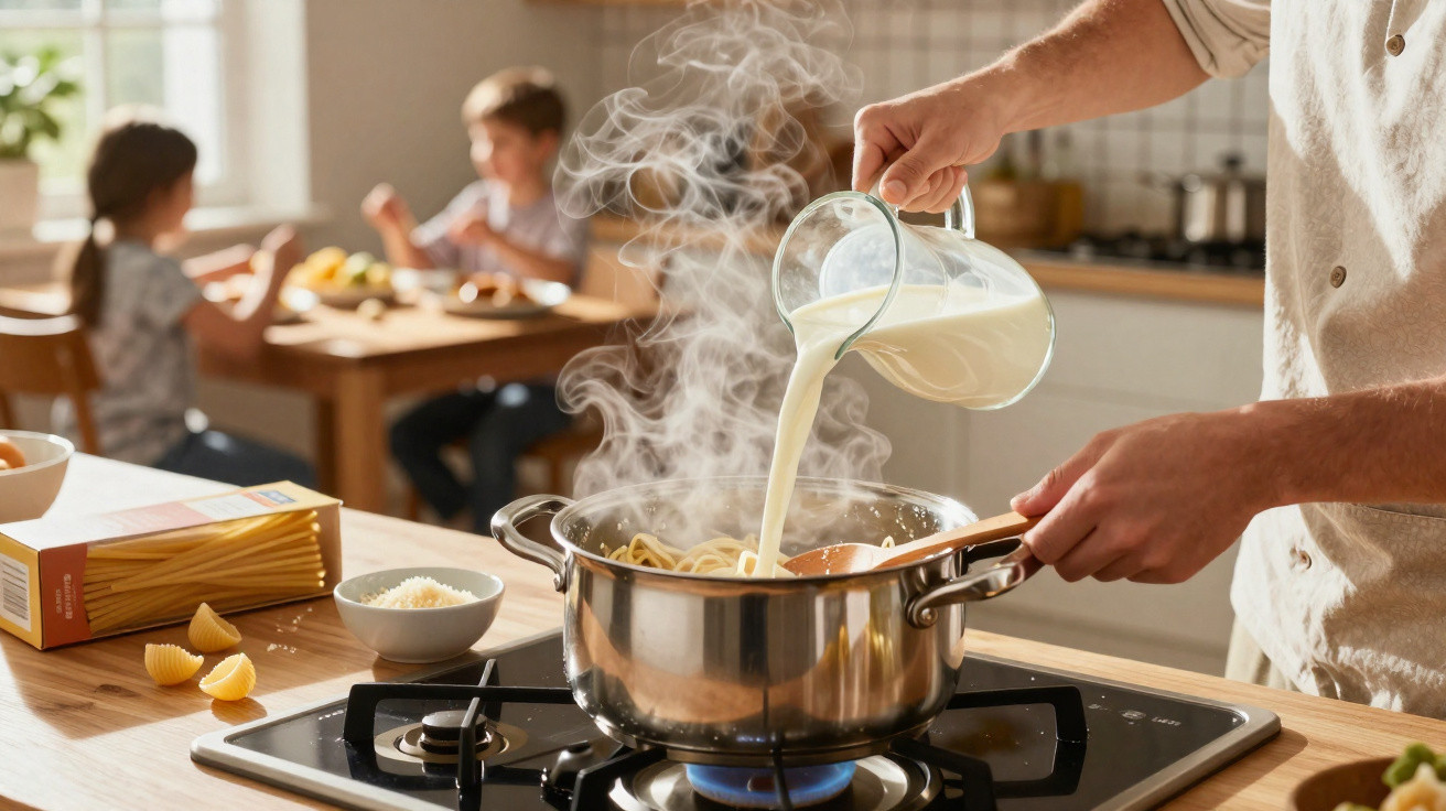 Pessoa a cozinhar massa numa panela com leite a ser vertido, e crianças a comerem ao fundo na cozinha.