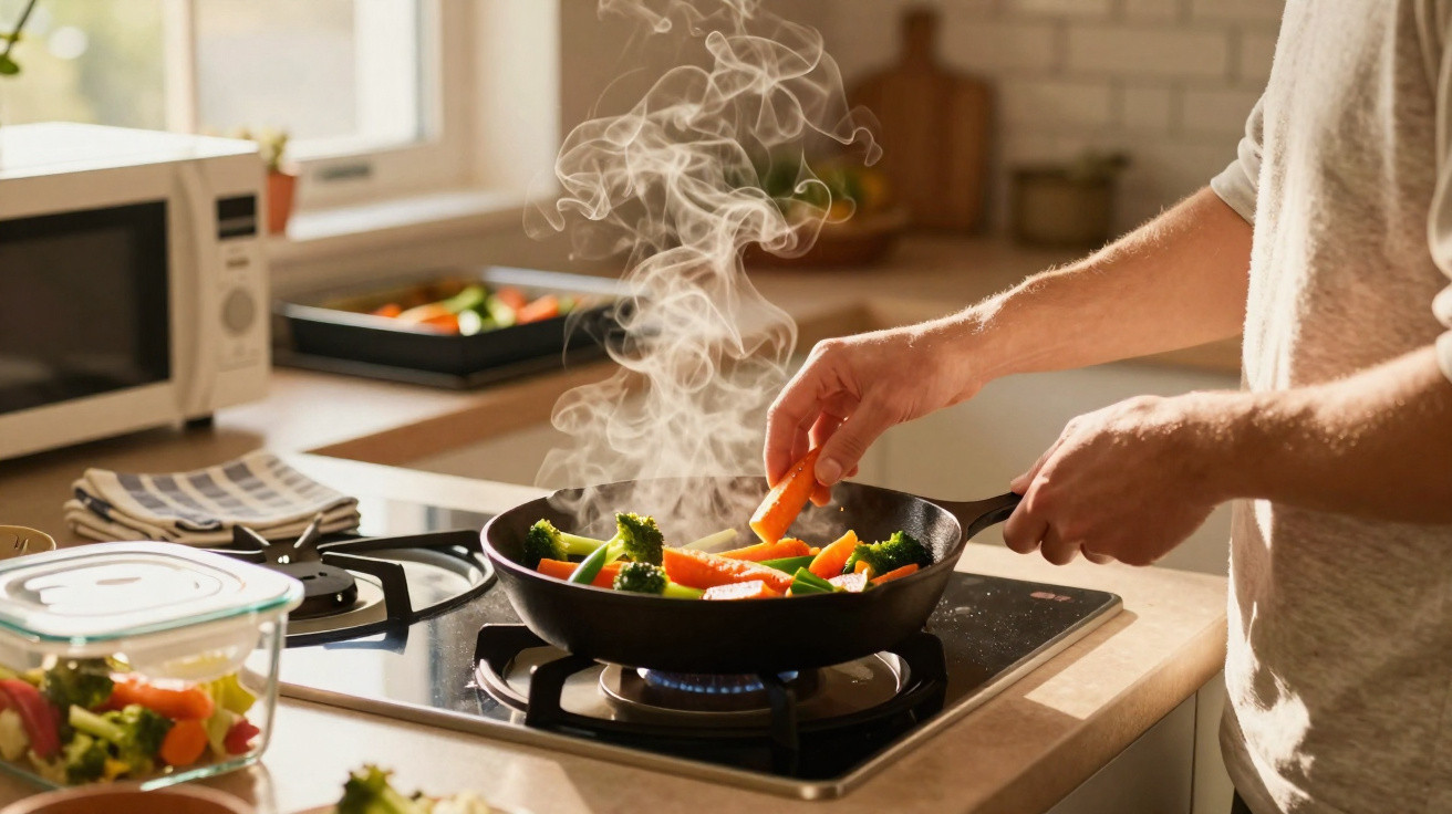 Pessoa a cozinhar de modo saudável legumes salteados numa frigideira num fogão a gás numa cozinha iluminada.