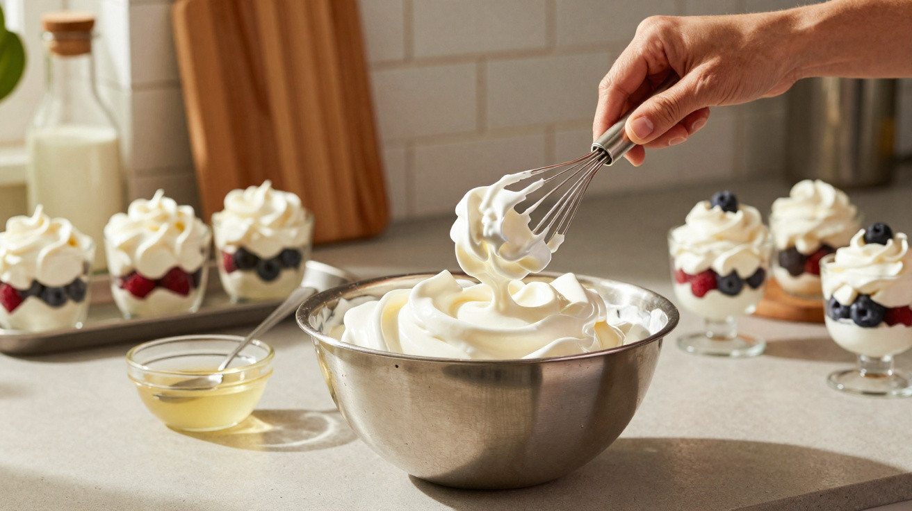 Tigela com chantilly batido e pessoa a mexer com vara de arames na cozinha, com sobremesas ao fundo.