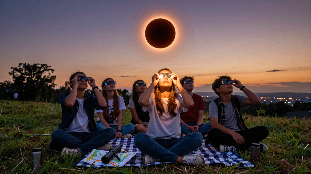 Grupo de jovens sentados numa manta a observar um eclipse solar com óculos especiais ao entardecer.