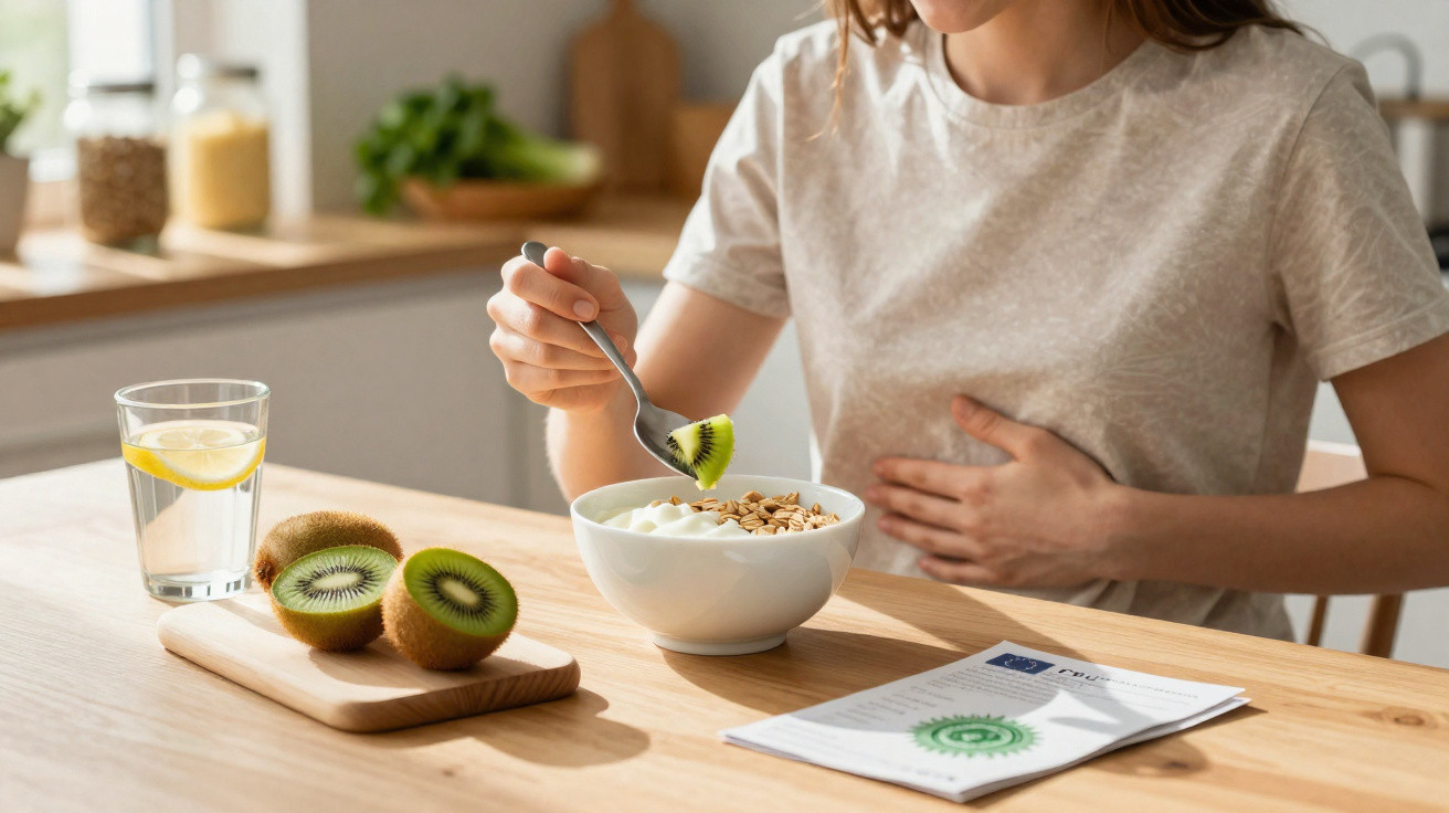Pessoa segurando a barriga e preparando iogurte com kiwi e cereais numa mesa de madeira iluminada.