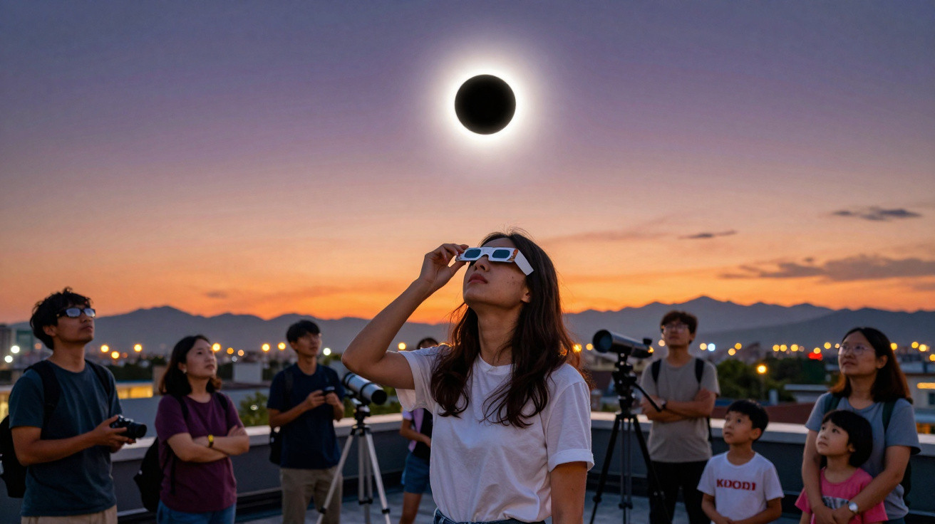 Grupo de pessoas a observar eclipse solar com óculos especiais ao pôr do sol numa cidade.