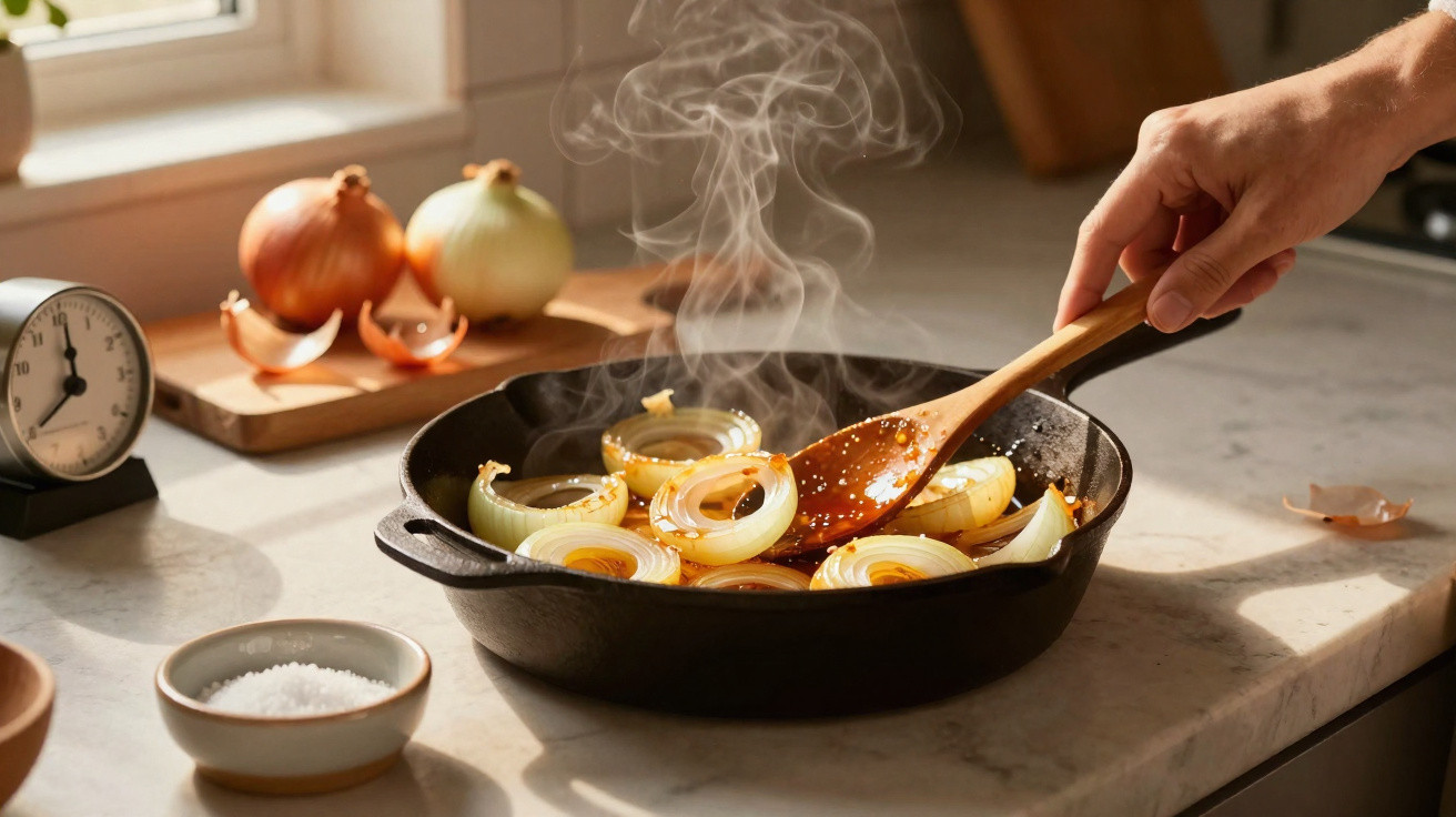 Mão a mexer cebolas a dourar numa frigideira de ferro fundido numa cozinha com janela iluminada natural.