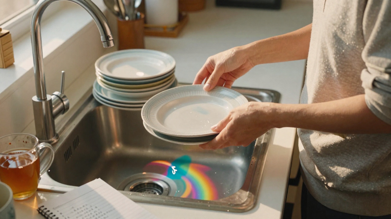 Pessoa a lavar loiça num lava-loiça de cozinha com reflexo colorido no fundo do lava-loiça