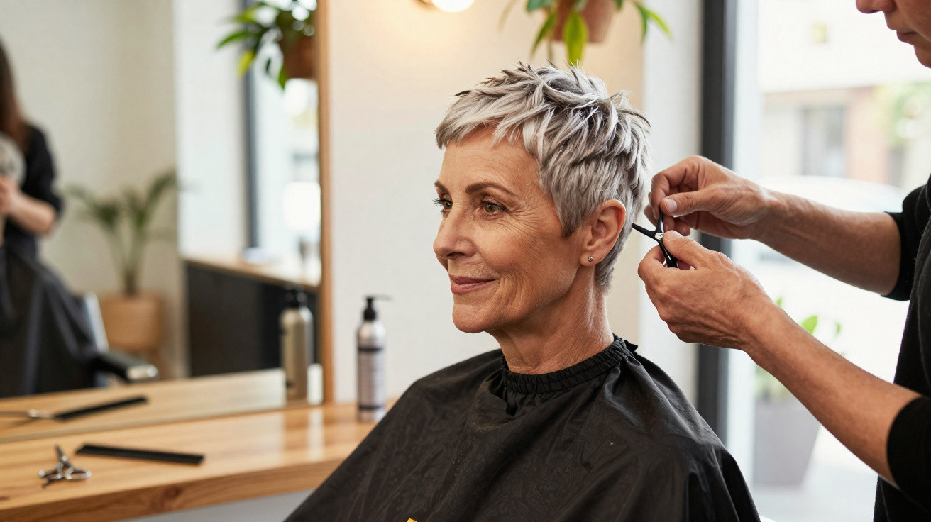 Mulher de cabelo cinza curto a receber corte de cabelo num salão de cabeleireiro moderno.