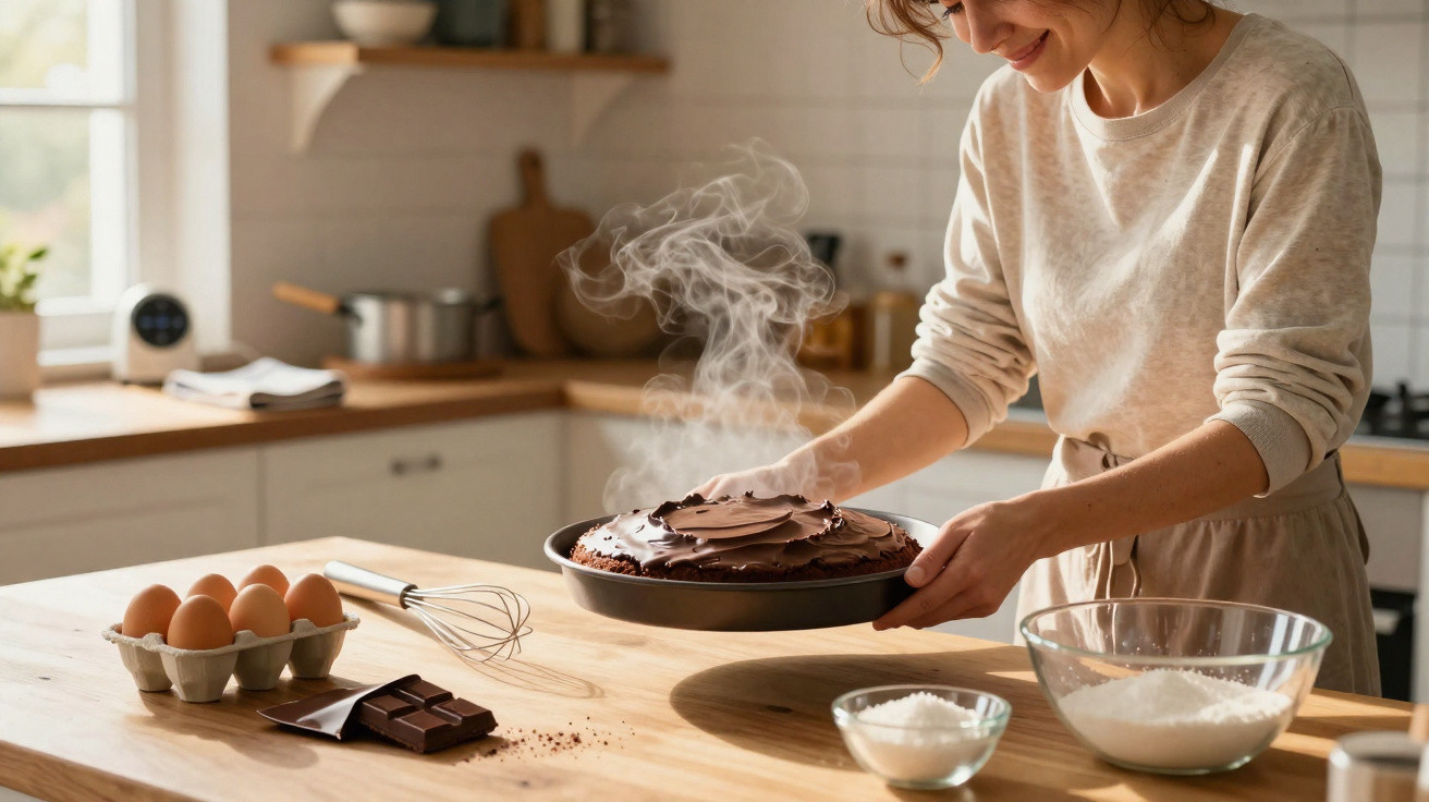 Mulher a retirar do forno bolo de chocolate com ingredientes na mesa de madeira numa cozinha iluminada.