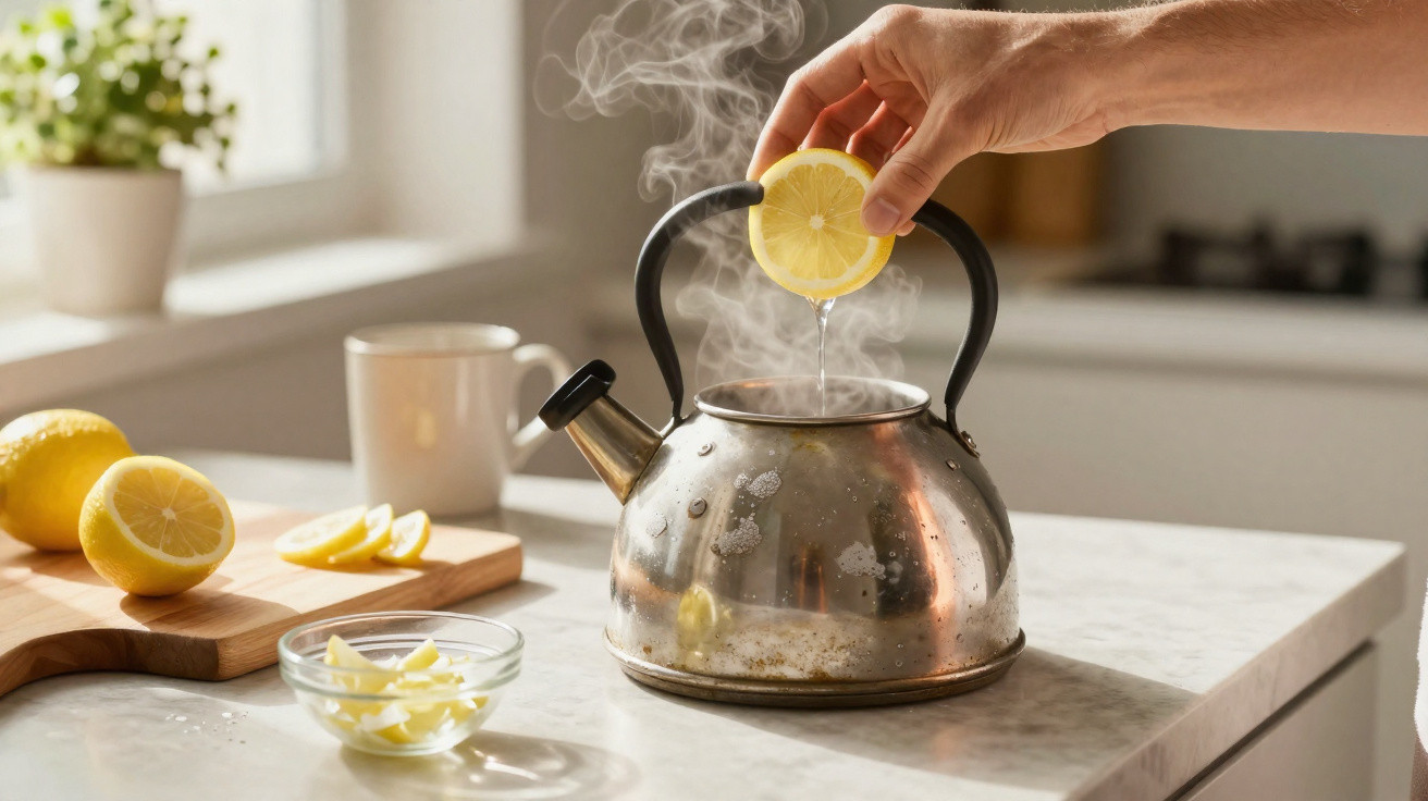 Mão a espremer limão num bule a ferver com vapor numa cozinha iluminada por luz natural.