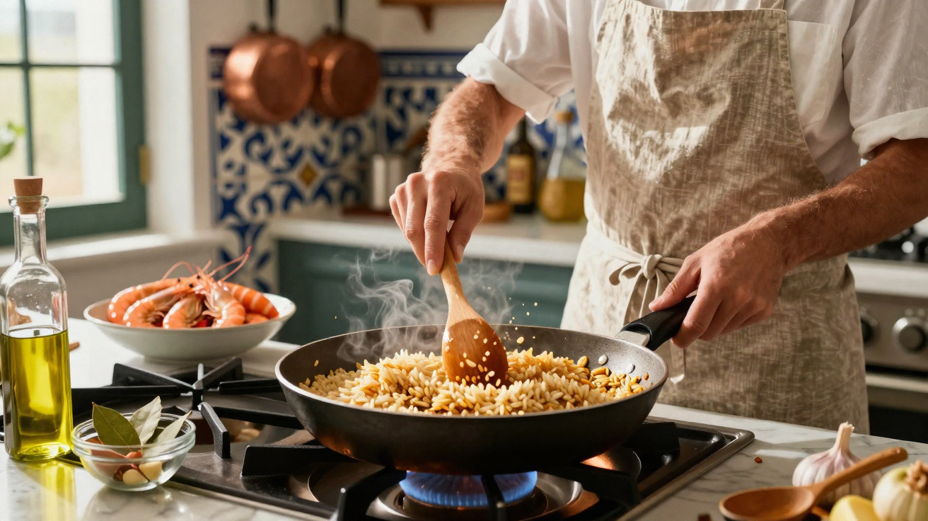 Pessoa a tostar arroz numa frigideira numa cozinha com ingredientes e camarões ao lado.