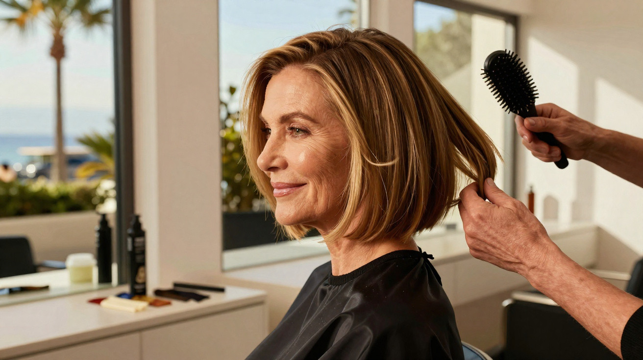 Mulher sorridente com cabelo loiro curto a ser penteada num salão de beleza moderno e iluminado.