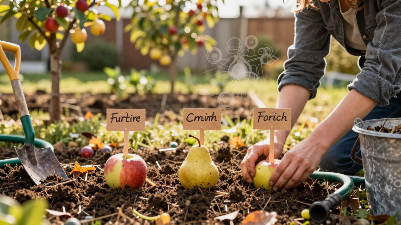Pessoa a plantar fruta com etiquetas Furtire, Cminh, Forich num jardim ensolarado.