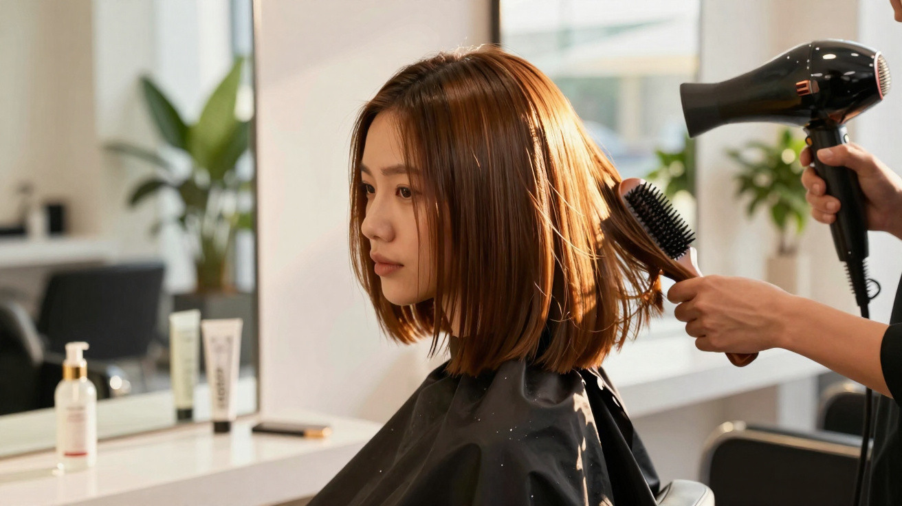 Mulher sentada num salão de cabeleireiro a secar e pentear o cabelo castanho curto.