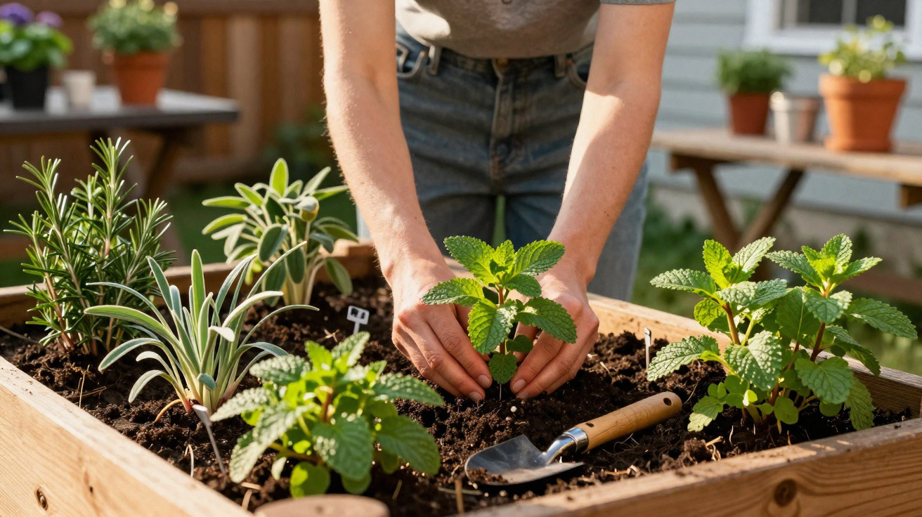 Pessoa a plantar ervas aromáticas numa horta elevada em madeira num ambiente exterior ensolarado.