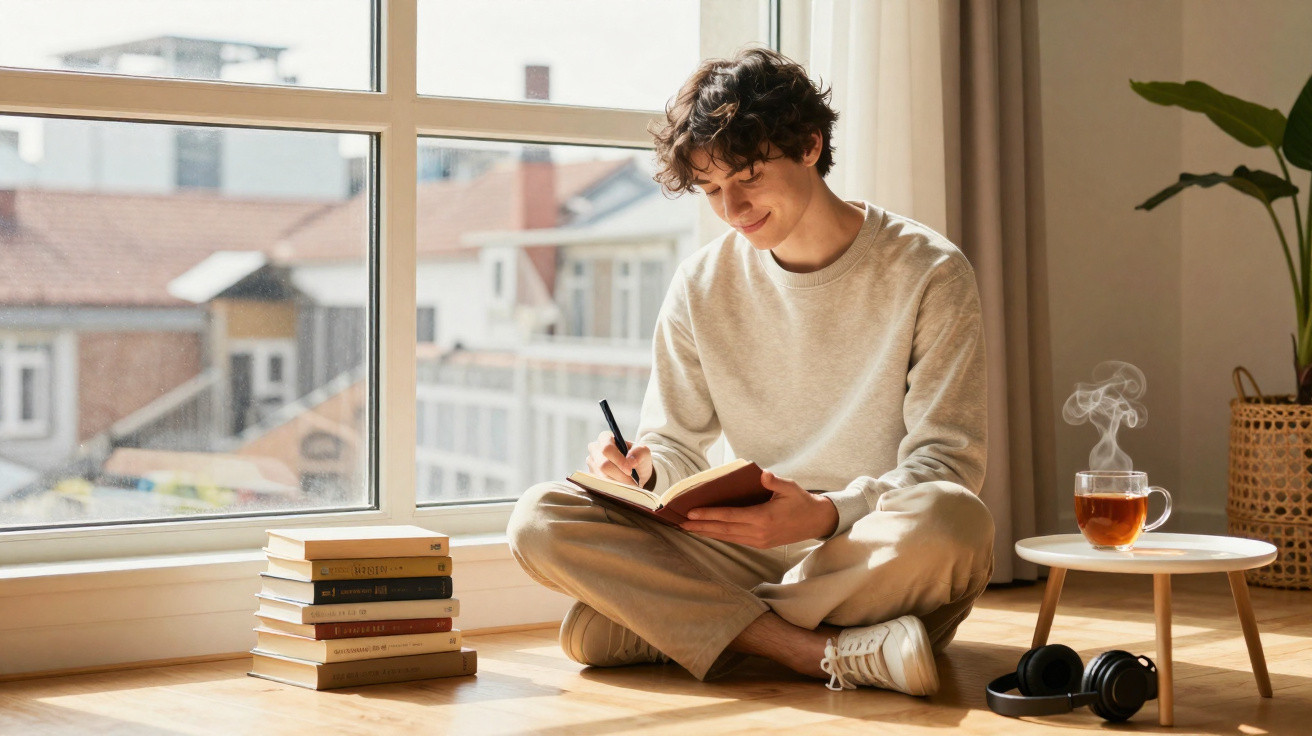 Jovem sentado no chão junto a uma janela, a escrever num caderno, com livros e chá ao lado.