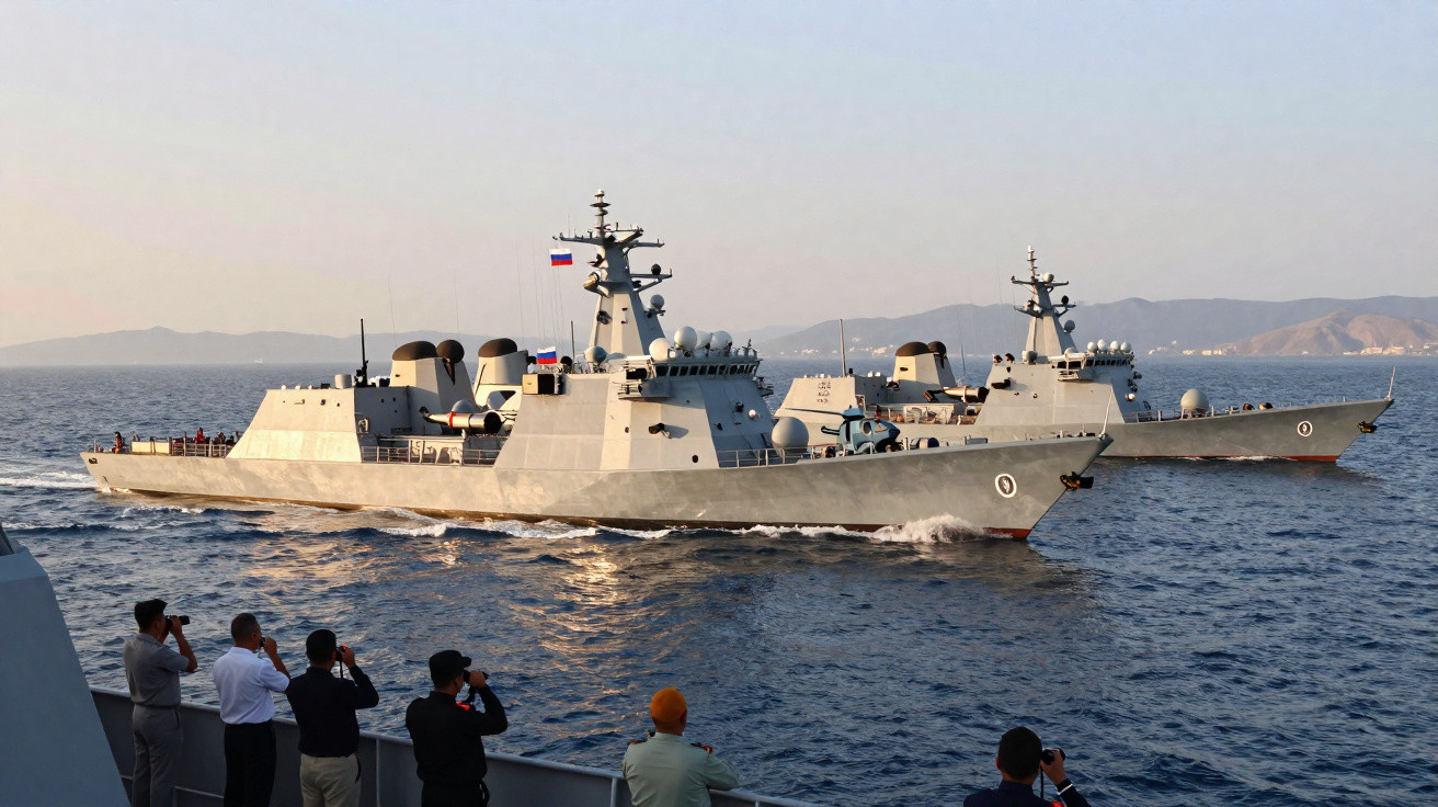 Dois navios de guerra russos no mar com pessoas a observar a partir de outro navio.