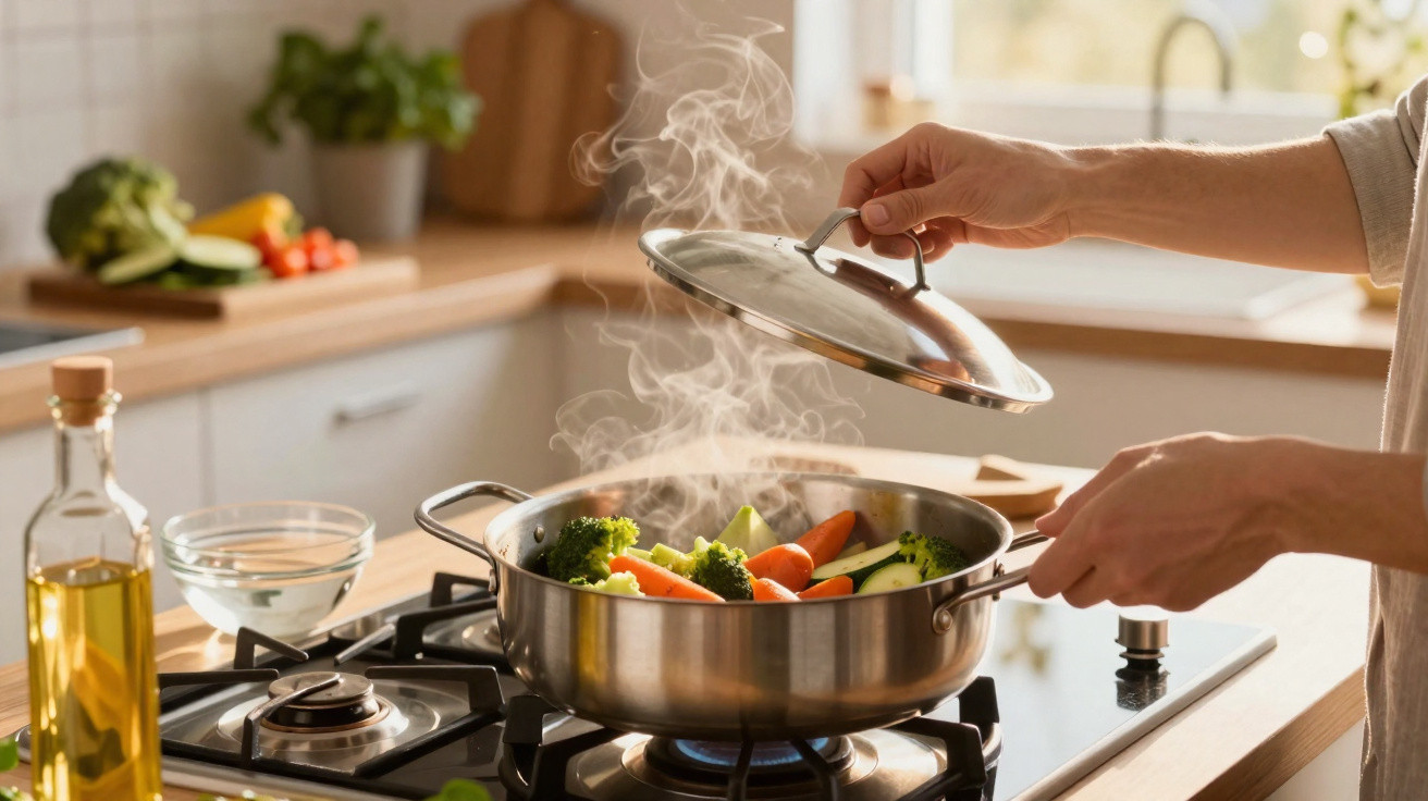 Pessoa a retirar tampa de panela com legumes a cozinhar vapor numa cozinha moderna iluminada.