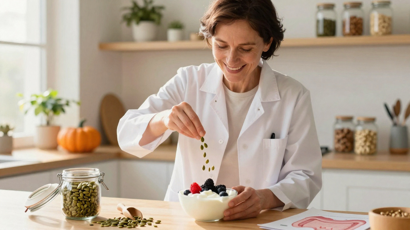 Mulher sorridente a colocar sementes numa taça de iogurte com frutos vermelhos numa cozinha iluminada.