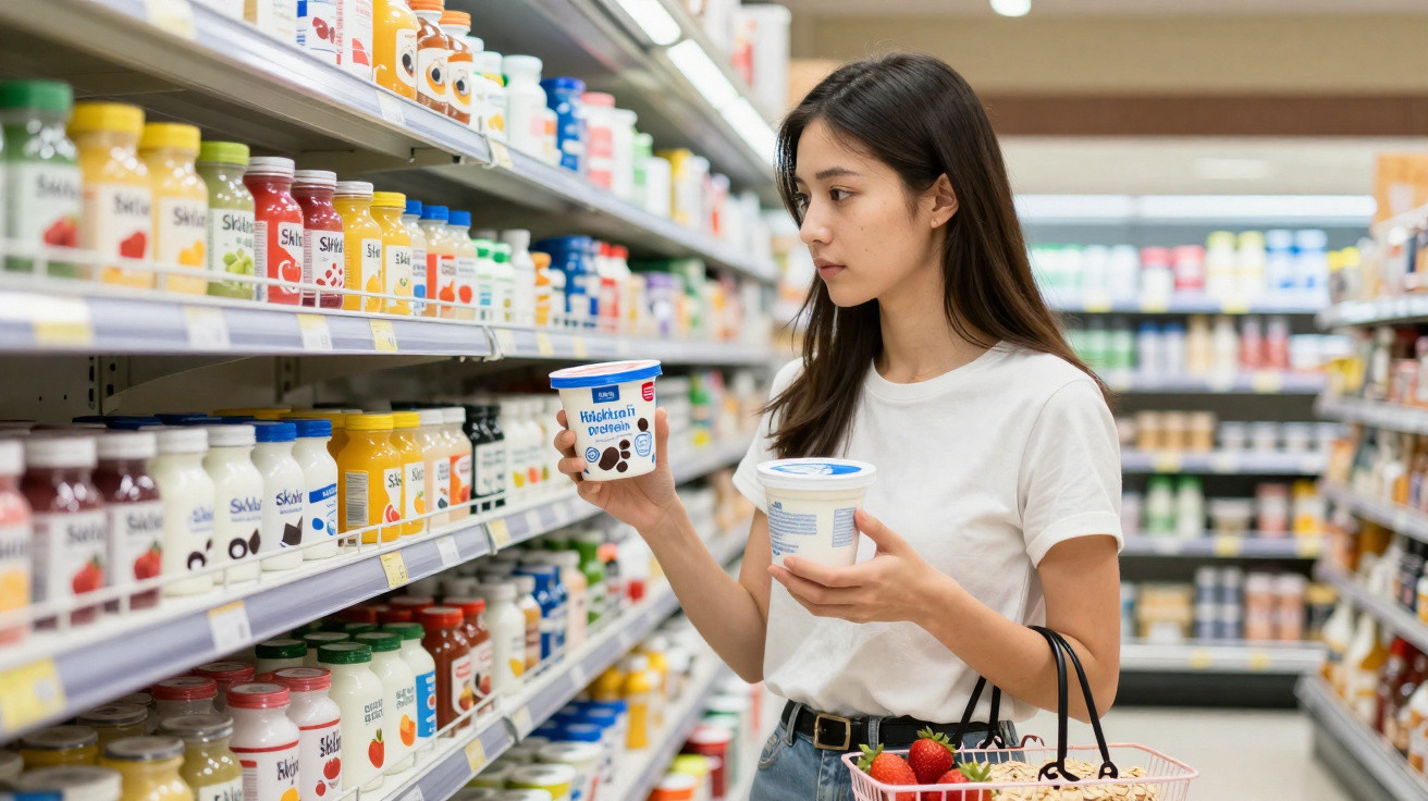 Mulher jovem a escolher iogurte num supermercado, com uma cesta de compras na mão.