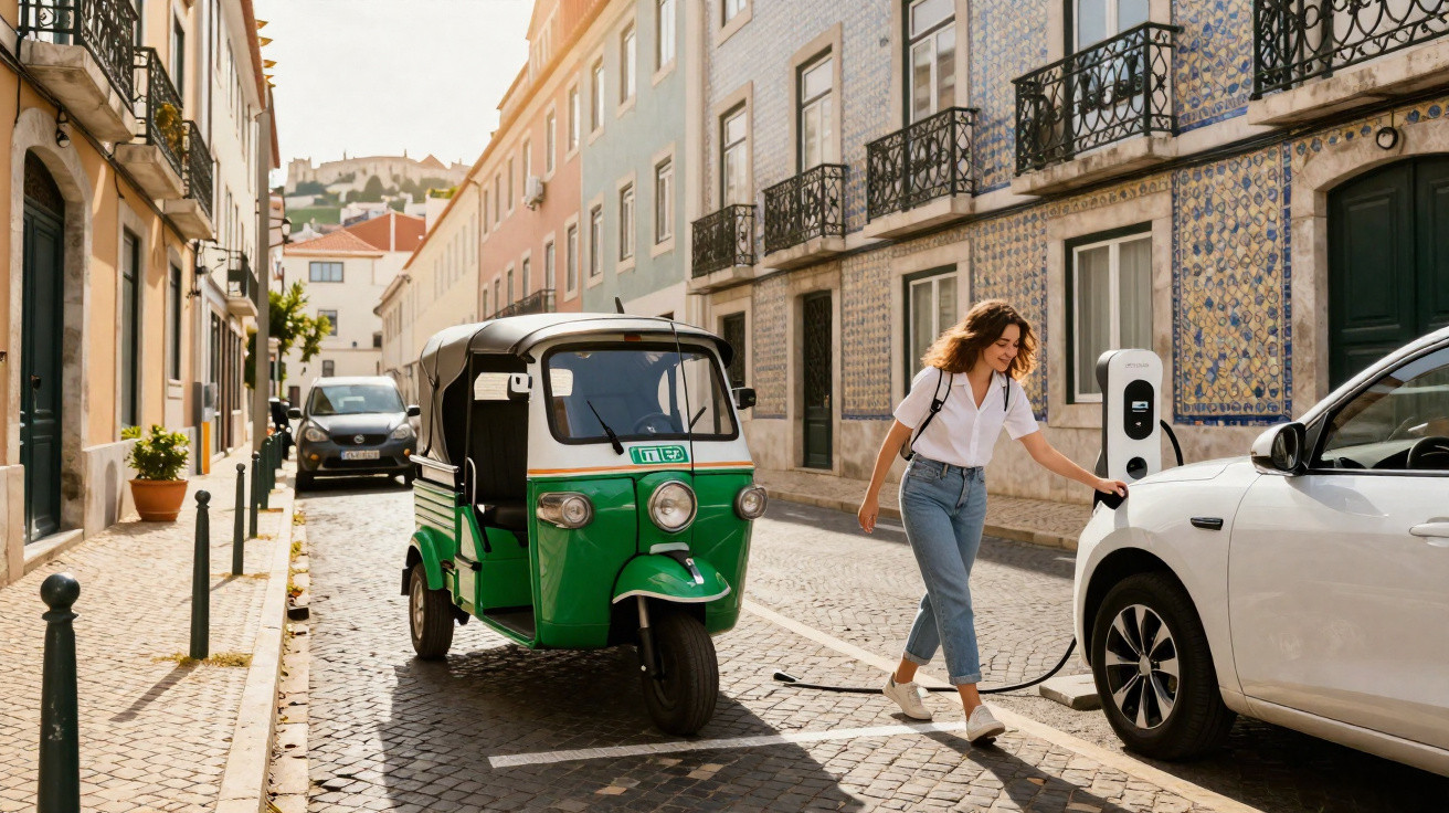 Mulher liga carro elétrico numa rua com calçada portuguesa, tuk-tuk verde ao lado e edifícios antigos.