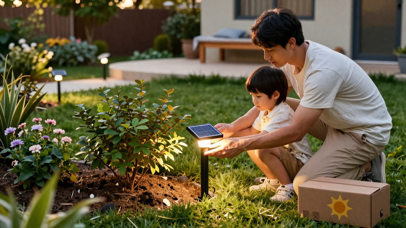 Pai e filho ajustam luminária solar num jardim com plantas e flores ao entardecer.