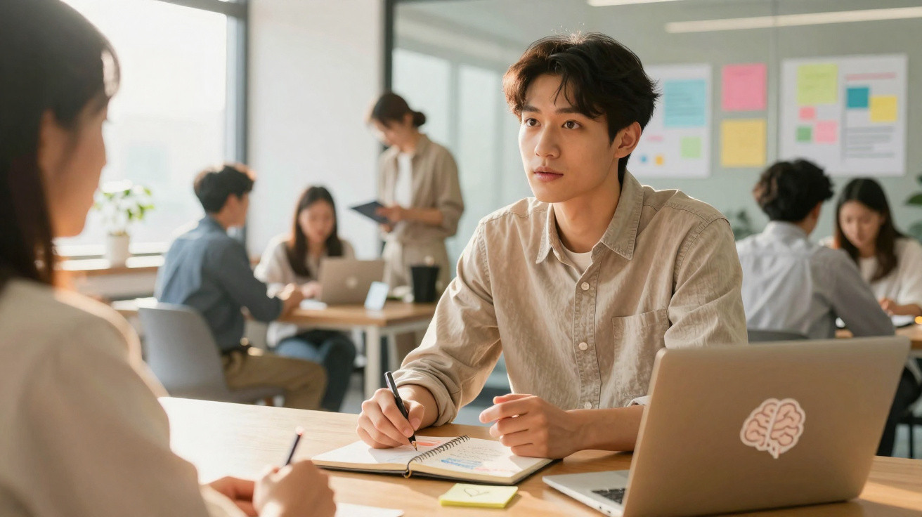 Jovem a tomar notas numa reunião de trabalho com colegas em escritório moderno e luminoso.