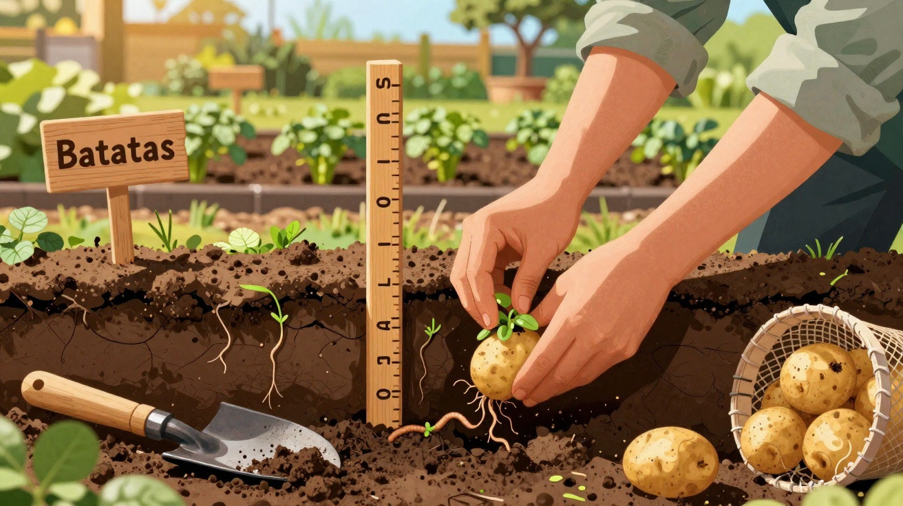Mãos a plantar batata com rega, cova, terra, uma cesta e ferramenta num campo de cultivo.