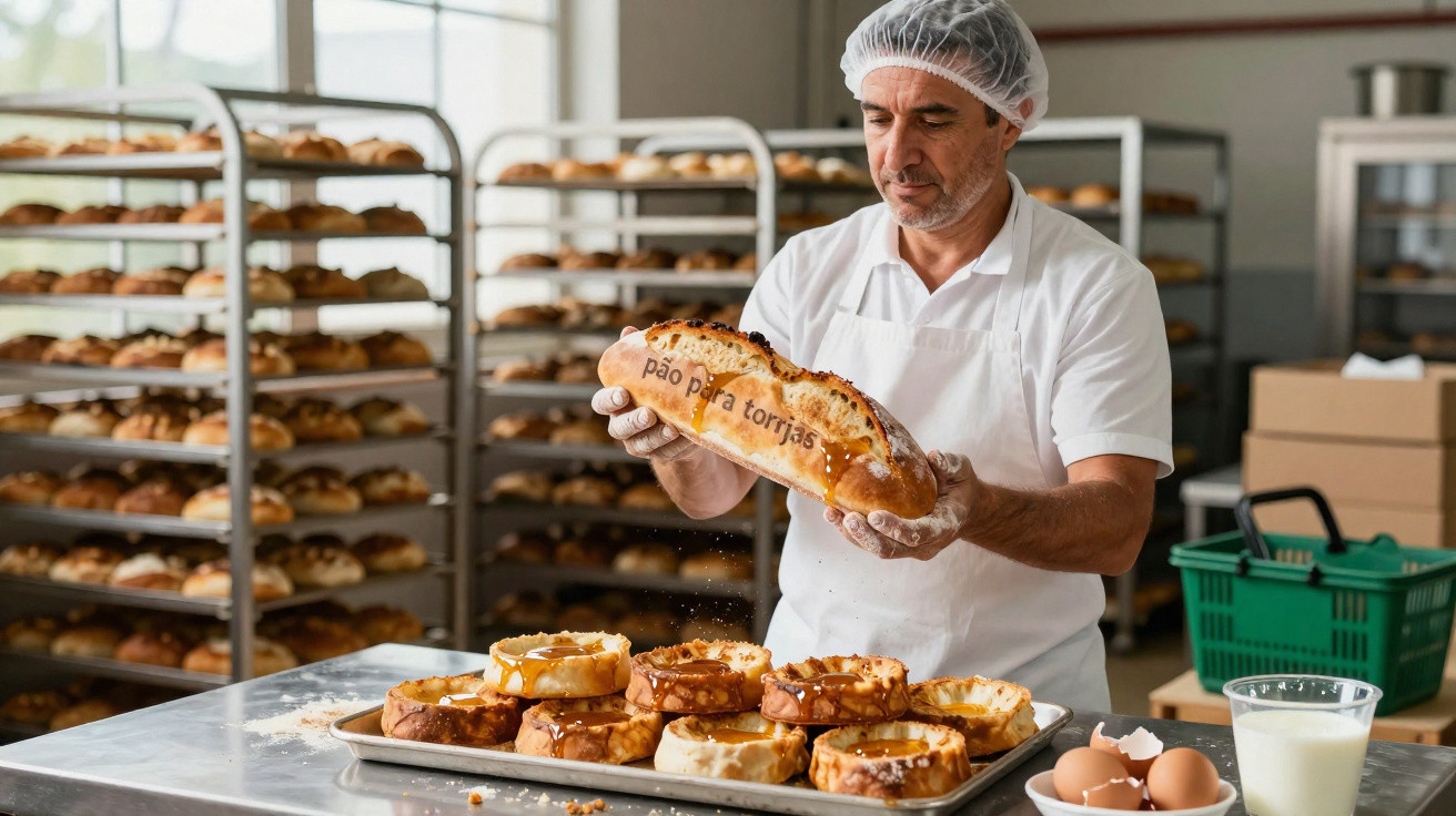Homem numa padaria a segurar pão e a polvilhar com açúcar, com vários pães para torras numa bancada.