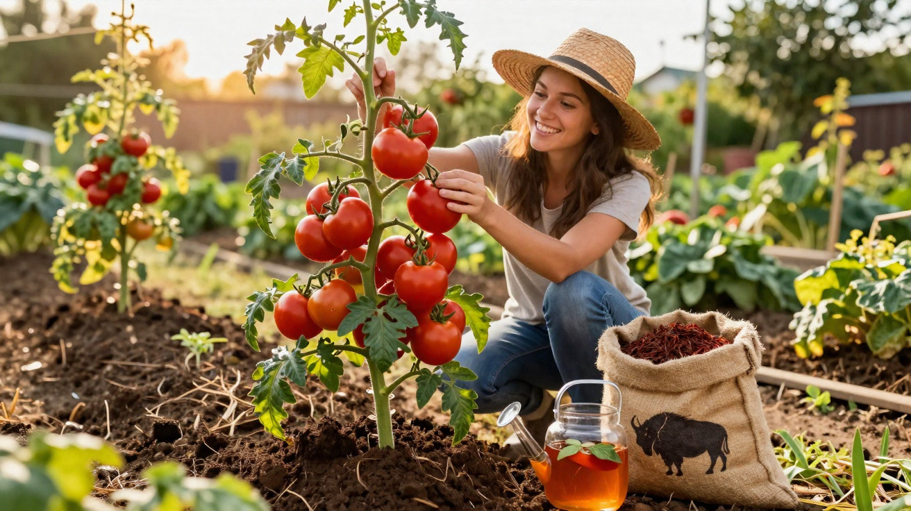 Jovem sorridente apanha tomates maduros numa horta ao pôr do sol, ao lado de um jarro com chá e saco de terra.