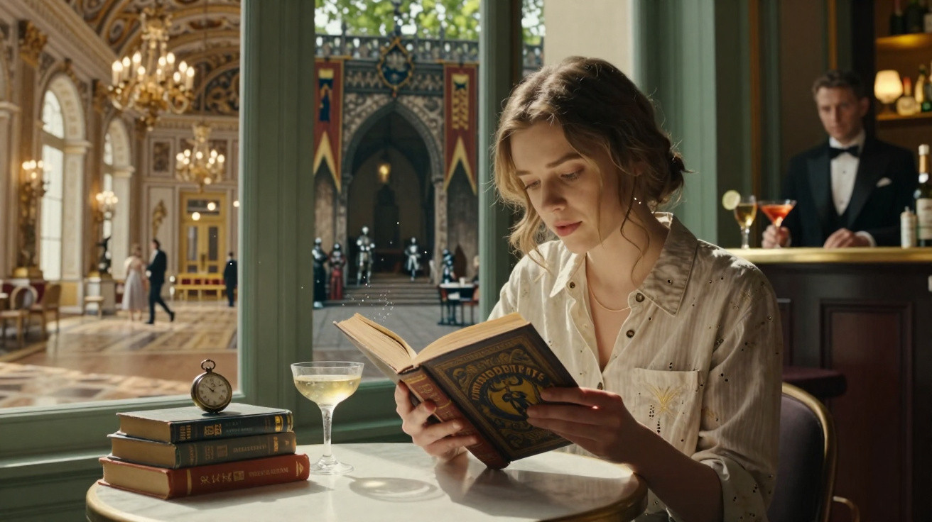 Mulher sentada a ler um livro num café elegante com copo de cocktail e livros empilhados numa mesa redonda.
