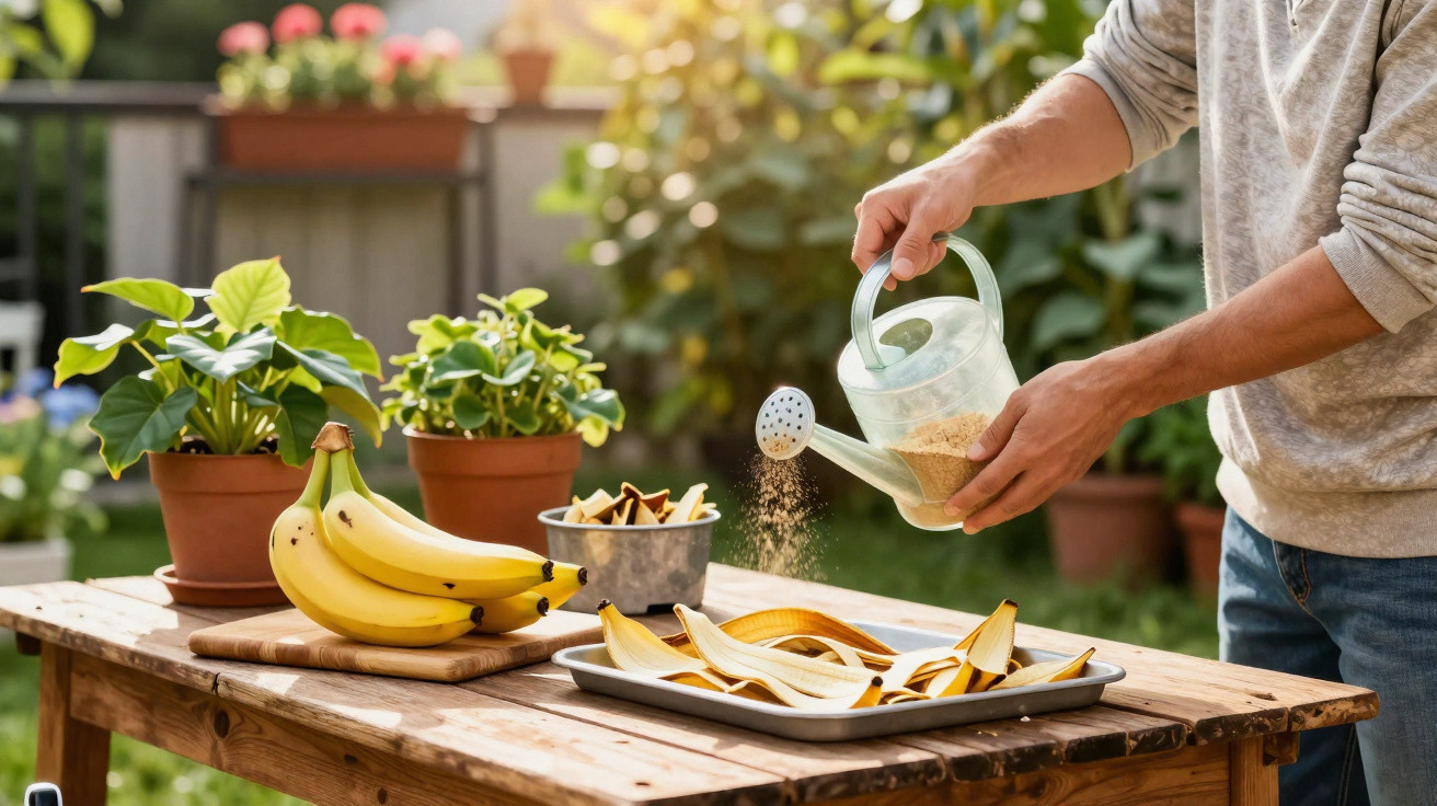 Pessoa a espalhar adubo em cascas de banana sobre uma mesa de madeira num jardim ao ar livre.