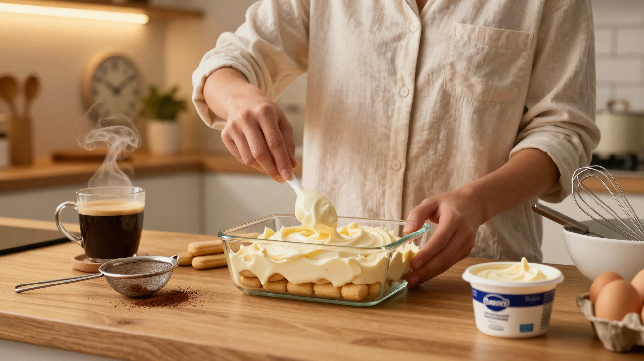 Pessoa a espalhar creme sobre bolachas numa taça de vidro numa cozinha moderna com café quente ao lado.