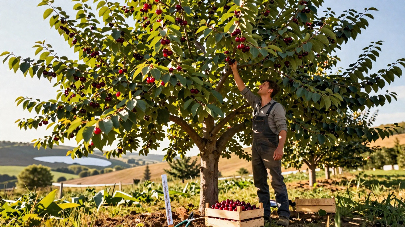 Homem colhendo cerejas num pomar ensolarado com caixa de madeira cheia de fruta no chão.