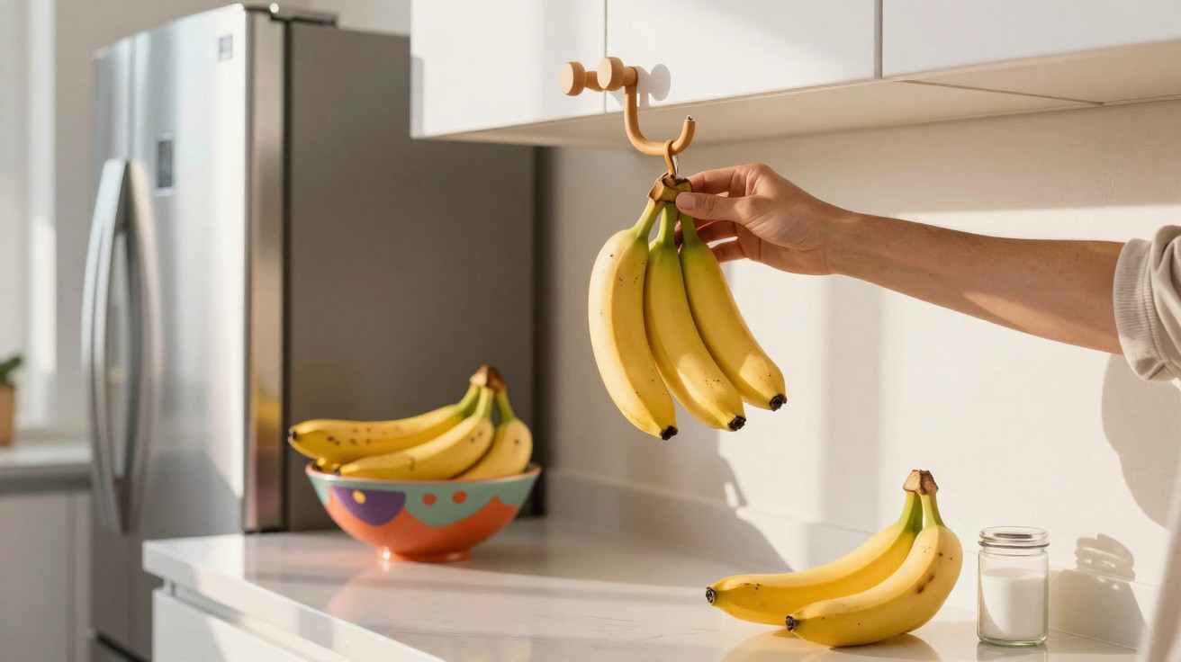 Mão a pendurar cacho de bananas num gancho da cozinha branca com tigela e frigorífico ao fundo.