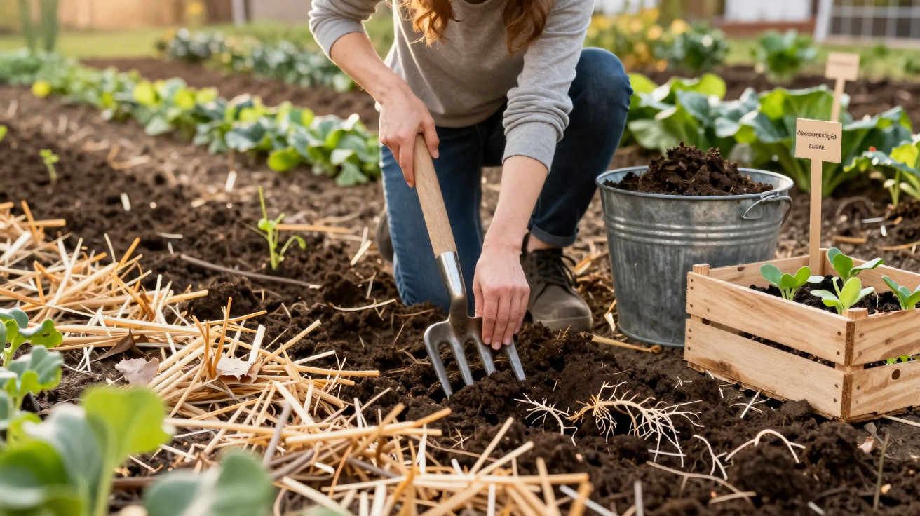 Pessoa a cultivar a terra numa horta, com enxada, balde de terra e plantas em caixa de madeira.